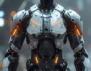 Fototapeta premium Cyborg Torso with Mechanical Fingers and Holographic Display