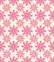  Hand drawn seamless pattern with two tone pink spiral floral ornaments and small dots on a light yellow background