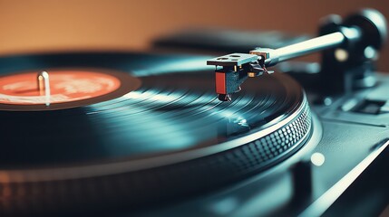 A close up shot of a record player with a vinyl record spinning on the turntable in soft focus light