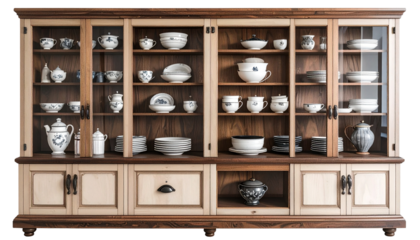 Classic style display cabinet with ceramic dishes for stylish interiors isolated on a transparent or white background, cut-out, PNG