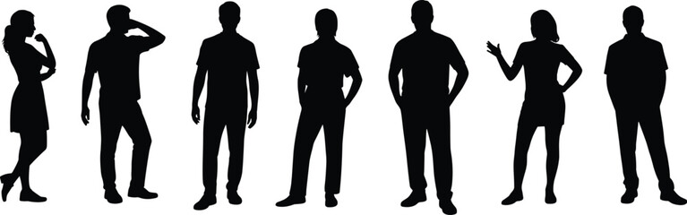 Silhouette of diverse people standing in different poses, teamwork concept, human figures isolated, black silhouettes on white background