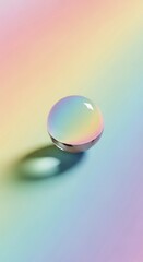 Iridescent sphere casts shadow on a pastel rainbow gradient background