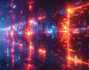 Abstract Digital Interface with Glowing Red and Blue Lights
