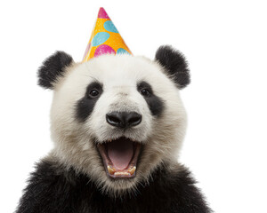 Naklejka premium Panda party hat animal tongue happy celebration black and white mammal festive costume isolated playful cute cheerful fun birthday wildlife furry surprise expression joyful adorable excitement