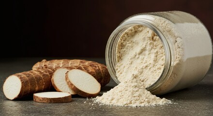 Fototapeta premium Cassava Flour in a transparent glass jar placed on a rustic wooden surface