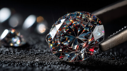 Luxury round diamond gemstone in jeweler’s tweezers with light reflections and blurred stones.