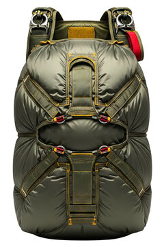 Packed parachute container and harness for skydiving sports isolated on a transparent background