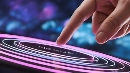 Digital Nexus: A close-up shot of a fingertip pressing a futuristic illuminated control panel, with a nexus design.
