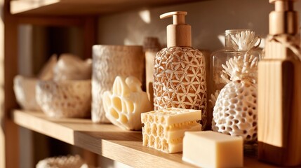 Natural soap display on wooden shelves