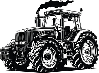 Powerful farm tractor illustration, heavy-duty machinery, agricultural vehicle, diesel engine, field equipment, farming transport, vintage tractor art, rural farming