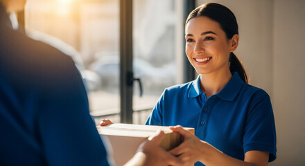A female courier in a blue uniform delivers a package with a smile, demonstrating a friendly and professional service attitude