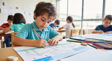 A young boy drawing a picture in a classroom with other children in the background.