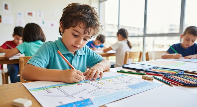A young boy drawing a picture in a classroom with other children in the background. - Powered by Adobe
