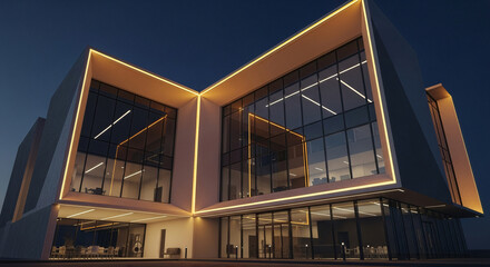 A modern bank building with a contemporary glass curtain wall, featuring warm interior lighting and sleek lines, where the illumination creates a cozy atmosphere