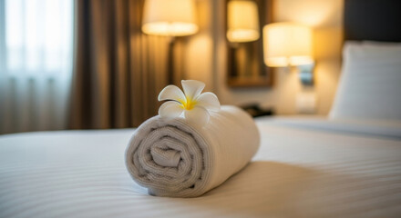 A neatly made hotel king-size bed, a roll of white towels adorned with flowers, soft lighting in the background complementing the  curtains
