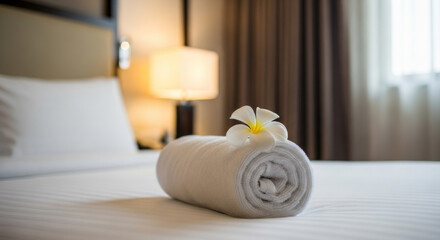 A neatly made hotel king-size bed, a roll of white towels adorned with flowers, soft lighting in the background complementing the  curtains