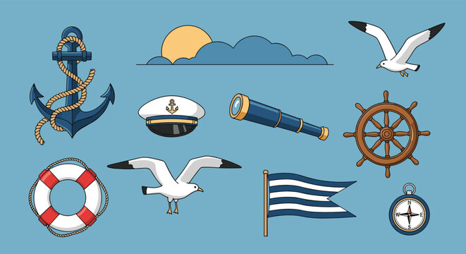 Nautical adventure collection featuring anchor ships wheel spyglass and lifesaving buoy symbols