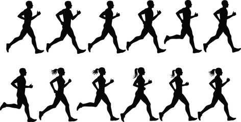 Silhouette vector of running man and woman in different jogging poses, illustrating fitness, exercise, health, active lifestyle, and sports activity