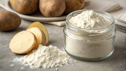 Fototapeta premium Potato Flour displayed in a clear glass jar on a neutral stone surface