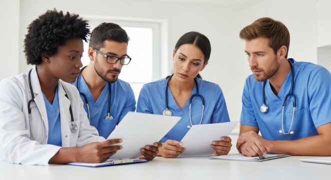 Four healthcare professionals discussing medical records in a hospital setting.