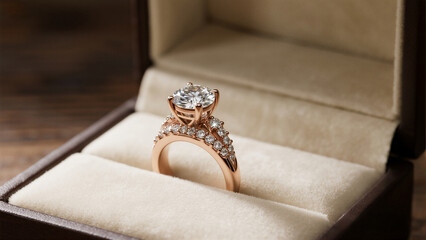 A rose gold ring set with a large diamond, surrounded by smaller diamonds, presented in a velvet gift box