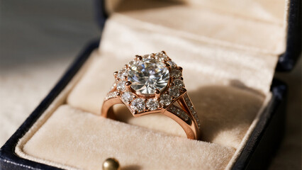 A rose gold ring set with a large diamond, surrounded by smaller diamonds, presented in a velvet gift box