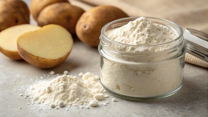 Fototapeta premium Potato Flour displayed in a clear glass jar on a neutral stone surface