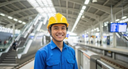 A young man in a blue shirt and yellow hard hat standing on a train platform.