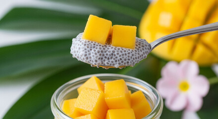 A spoonful of luxurious chia seed pudding, topped with golden mango chunks, rests in a silver spoon suspended above a glass cup. In the background, pale pink tropical flowers appear faintly
