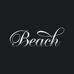 Elegant Silver Calligraphy of Beach Text on a Dark Background Perfect for Summer Vacation Designs and Resort Branding