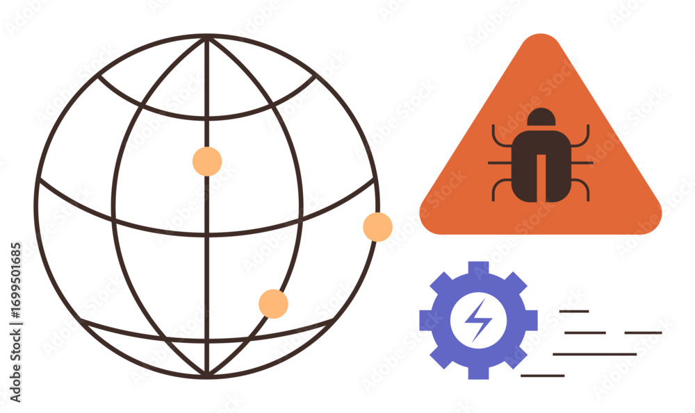 Poster global network with points, bug alert icon in caution sign, gear with lightning bolt and motion line
