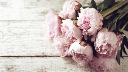 Pink peonies bouquet on wooden background