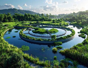 Aerial View of Circular Aquatic Ecosystem with Lush Greenery