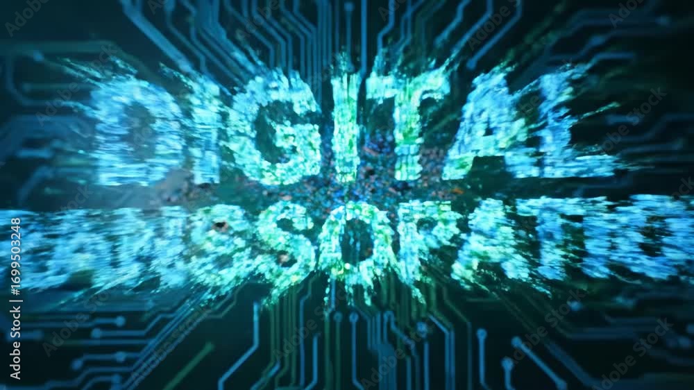 Aufkleber digital transformation with glowing microchip on green circuit board featuring abstract technology e