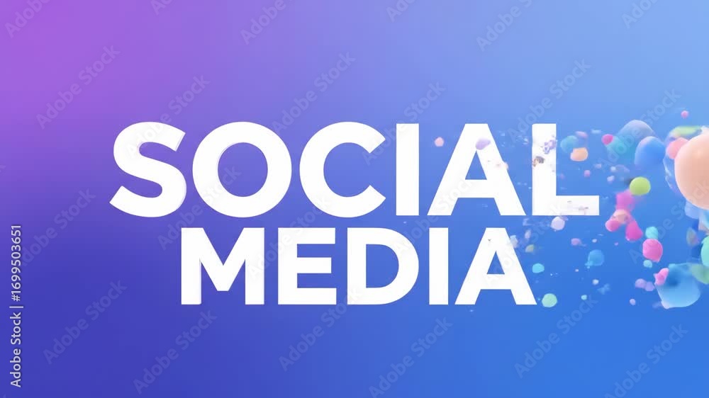 Poster colorful 3d sphere cluster with social media text floating on vibrant purple and blue gradient backg