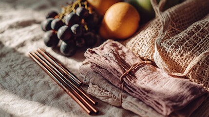 Reusable straws and produce in reusable bag