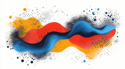 Obraz premium Abstract colorful wavy shapes with splatters on white background.