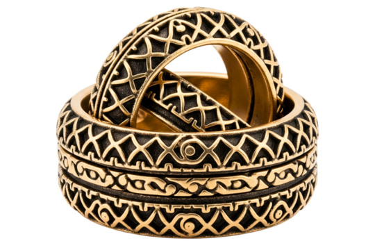 Vintage gold armillary sphere ring that unfolds into a ball isolated on a transparent background