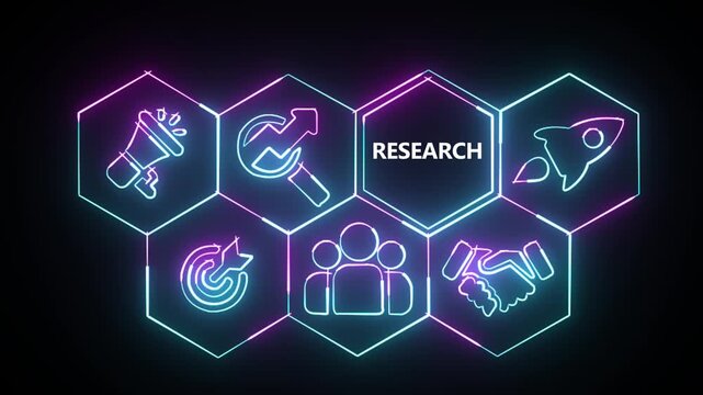 Neon sign Research button on a clear projection screen on abstract technology world map icon 4k animation..
