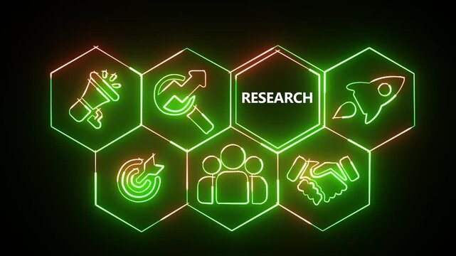 Neon sign Research button on a clear projection screen on technology with world map icon 4k animation..