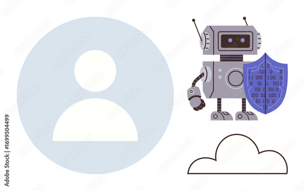Poster robot holding shield with binary code beside user profile icon and cloud graphic. ideal for cybersec