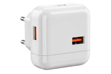 Dual-port white wall charger with USB ports for fast charging isolated on a transparent background