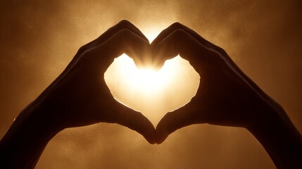 Close up silhouette of hands forming a heart shape against glowing warm light, golden textured background, soft lighting symbolizing love, connection and emotional warmth.