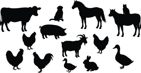 Silhouette Vector Set of Farm Animals Including Cow, Horse, Dog, Cat, Pig, Goat, Rabbit, Chicken, and Duck