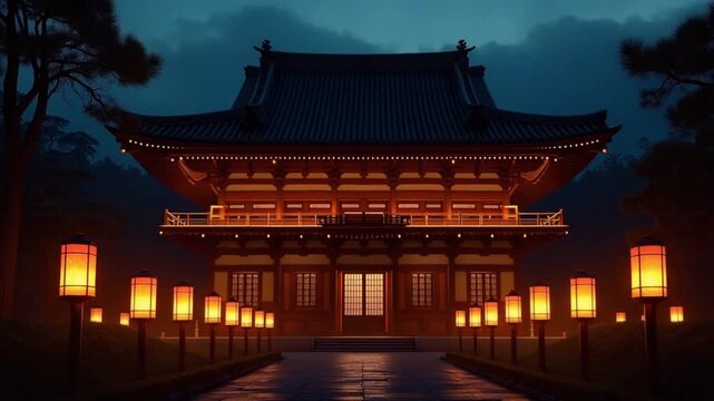 CGI The grand house of the shogun illuminated