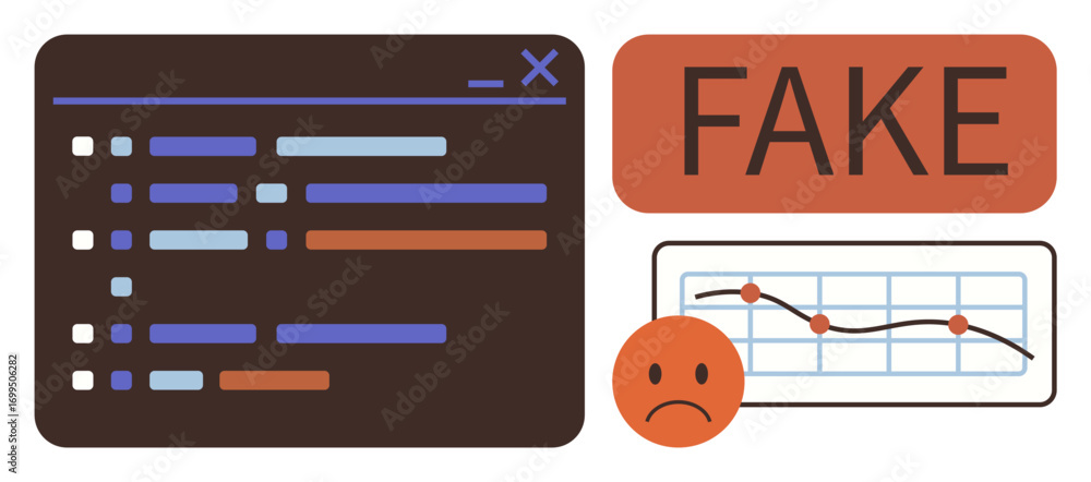 Poster coding interface, fake red label, declining graph, sad face emotion. ideal for data manipulation, mi
