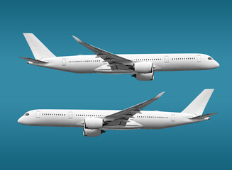 Obraz premium White Passenger Jet Plane with Dual Engines Flying Through the Sky Right and left view