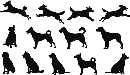  Silhouette Vector Set of Various Dog Breeds in Different Poses Including Sitting, Standing, and Running for Pet Design Concepts