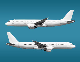 Obraz premium White Passenger Jet Plane with Dual Engines in Flight Right and left view
