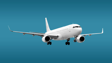 Obraz premium White Passenger Jet Plane with Dual Engines and Exposed Wheel Gear Take Off Position Front View